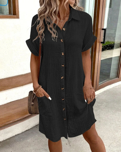 Vestido retro de algodón y lino con estampado de escote en V y manga larga