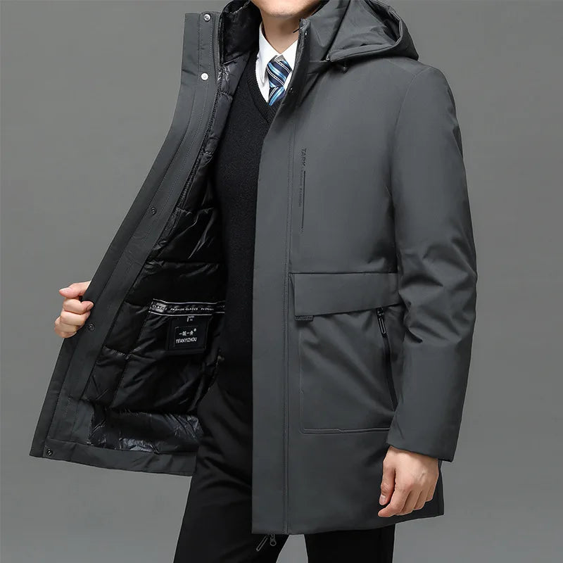 Parka gruesa de invierno con capucha grande y cuello cálido para hombre