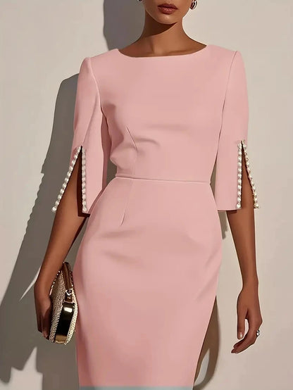 Vestido midi ajustado con cuentas, elegante, de color liso, con cuello
