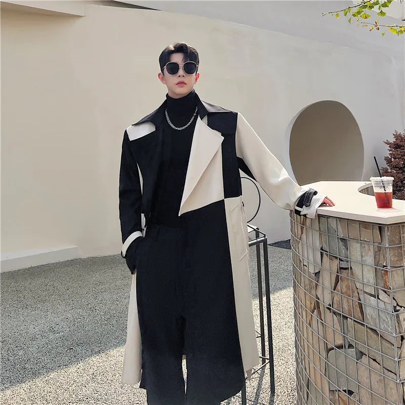 Gabardina larga de color contrastante para hombre, moda coreana