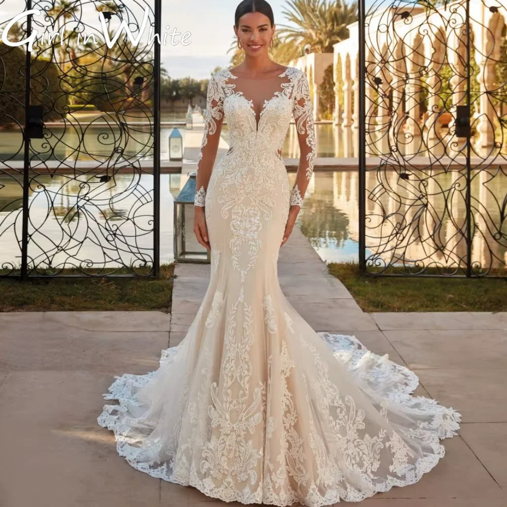 Vestido de novia modesto con apliques de lentejuelas y manga larga