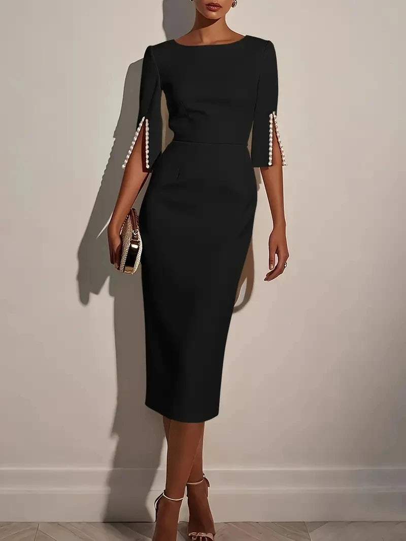 Vestido midi ajustado con cuentas, elegante, de color liso, con cuello