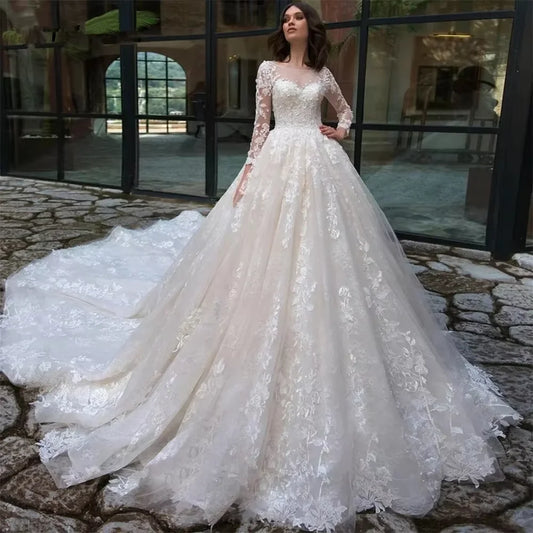 Vestido de novia de princesa con apliques de encaje glamurosos