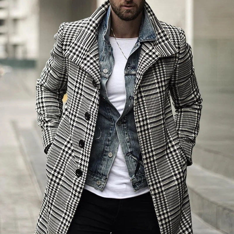 Abrigo de solapa a cuadros para hombre, holgado, cómodo, retro, a la moda