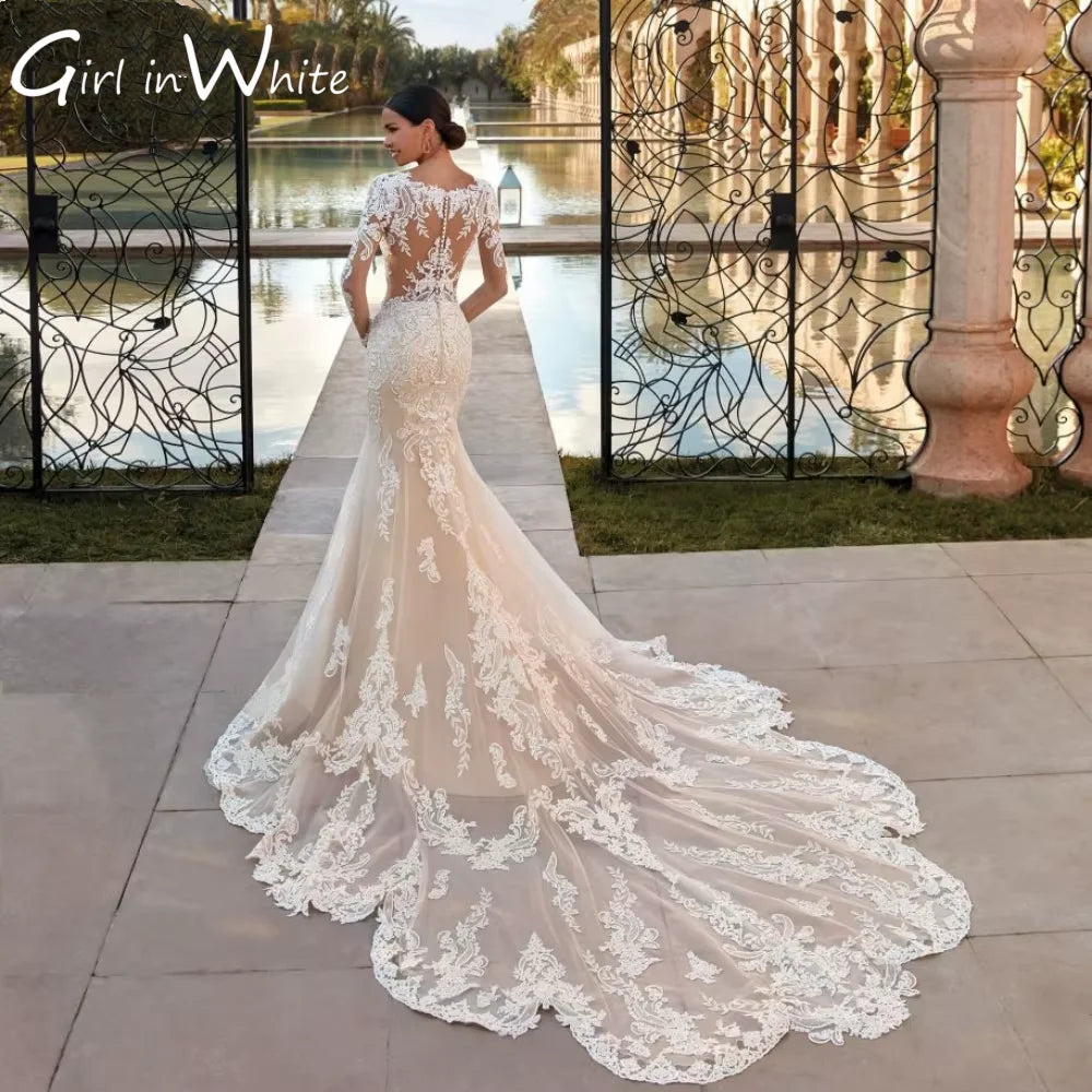 Vestido de novia modesto con apliques de lentejuelas y manga larga