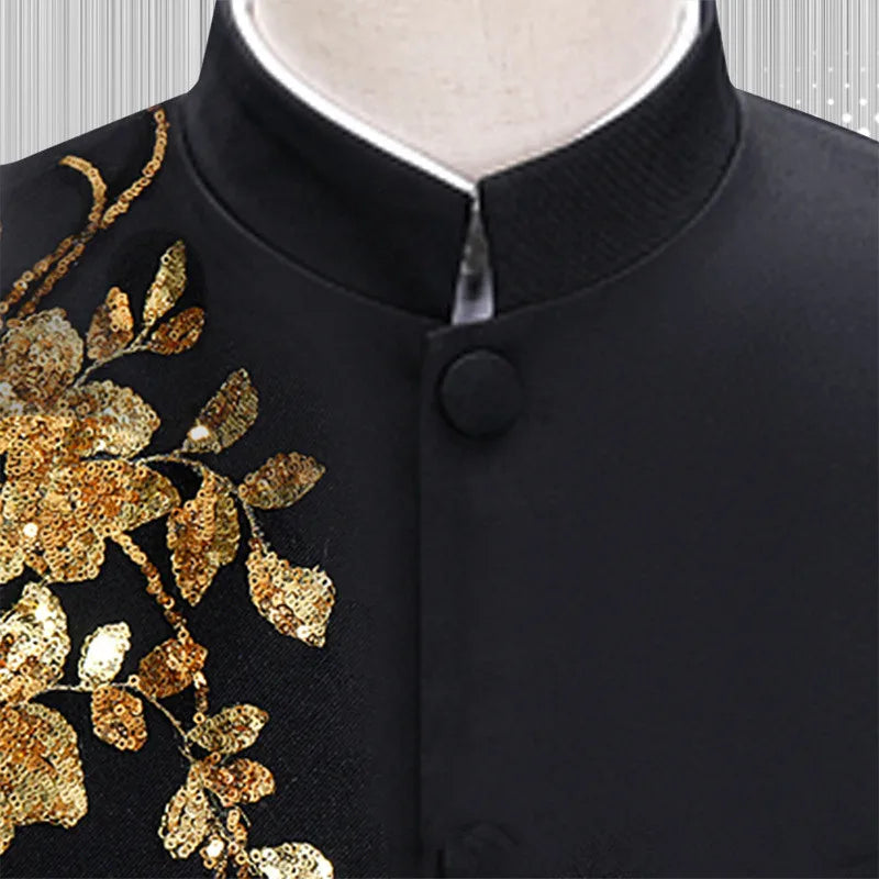 Traje floral de cuello alto para hombre, ropa de lentejuelas de lujo