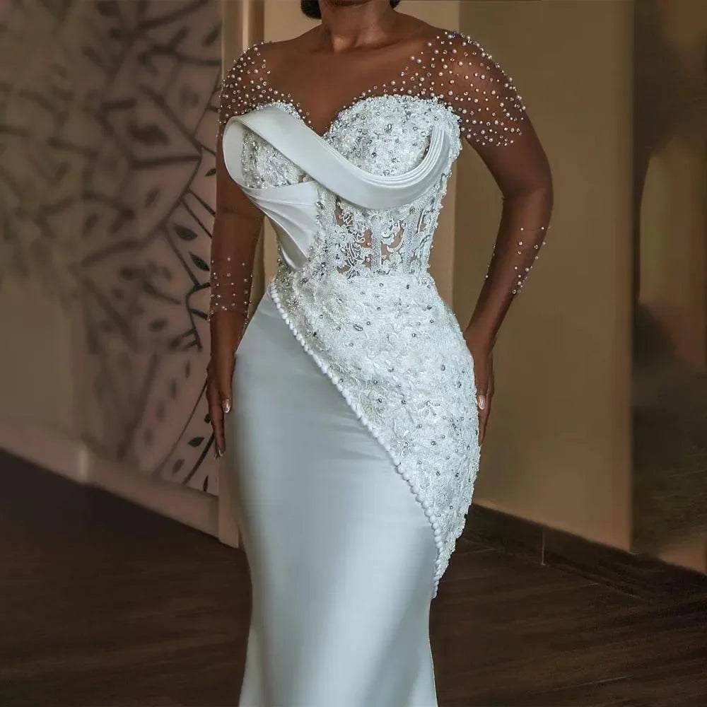 Vestidos de novia de lujo personalizados con cuentas de encaje, mangas largas