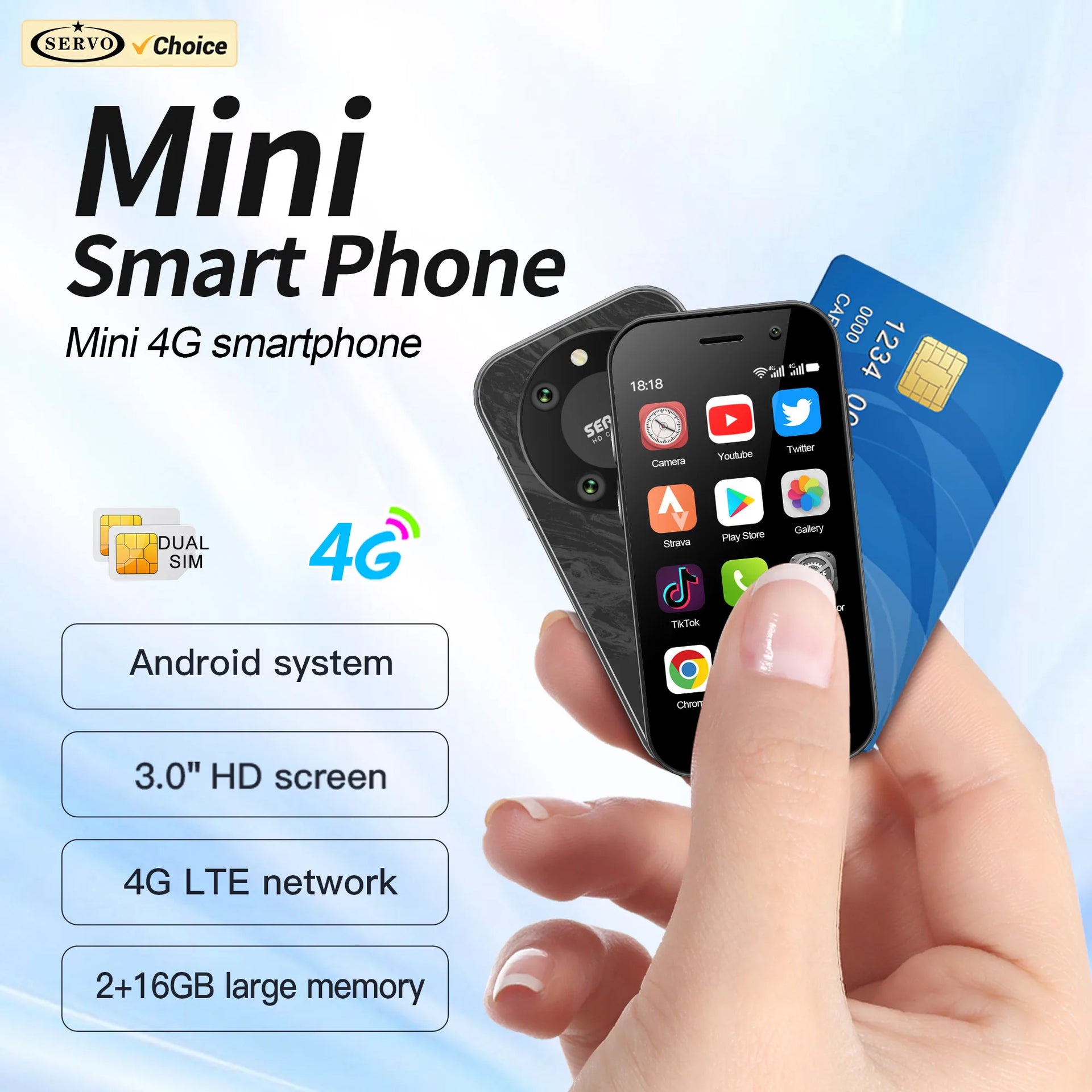SERVO KING9000 Mini Smartphone 4G LTE, Android, Google Play, 16 GB