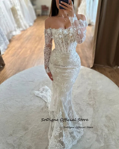 Vestido de novia de encaje estilo sirena SoDigne, con hombros descubiertos