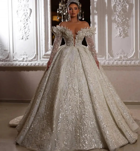 Vestido de novia de lujo con lentejuelas bordadas y flores