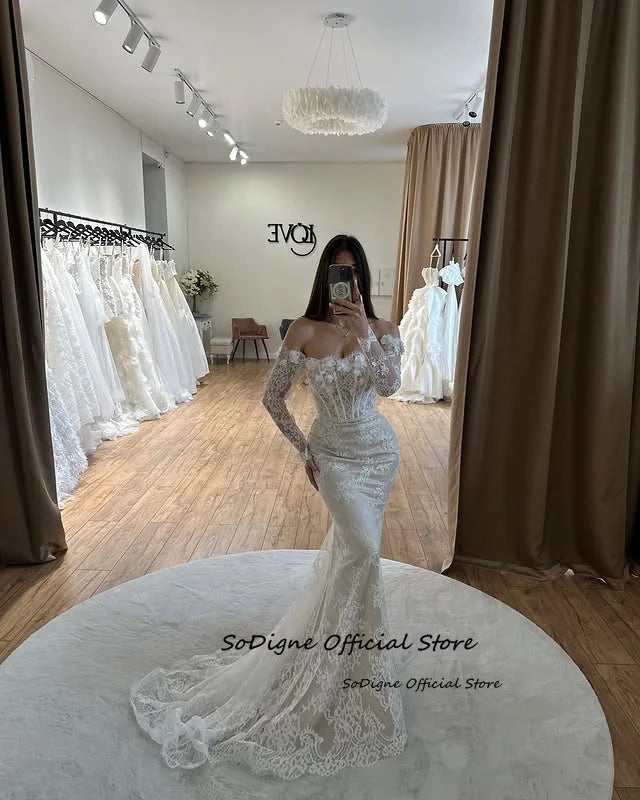 Vestido de novia de encaje estilo sirena SoDigne, con hombros descubiertos