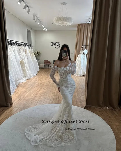 Vestido de novia de encaje estilo sirena SoDigne, con hombros descubiertos