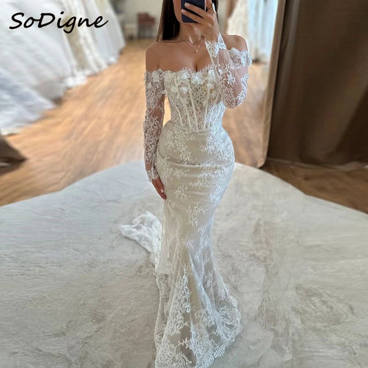 Vestido de novia de encaje estilo sirena SoDigne, con hombros descubiertos