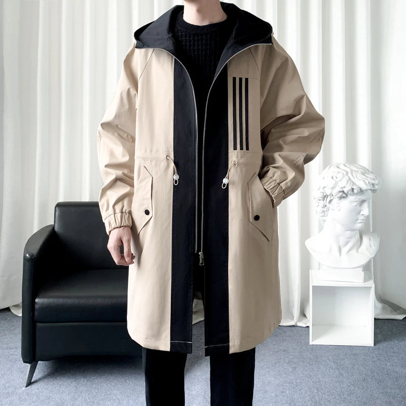 Abrigo de hombre con bloques de color de moda, chaqueta con capucha