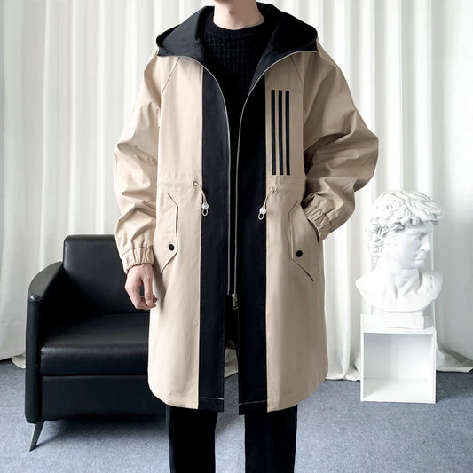Abrigo de hombre con bloques de color de moda, chaqueta con capucha