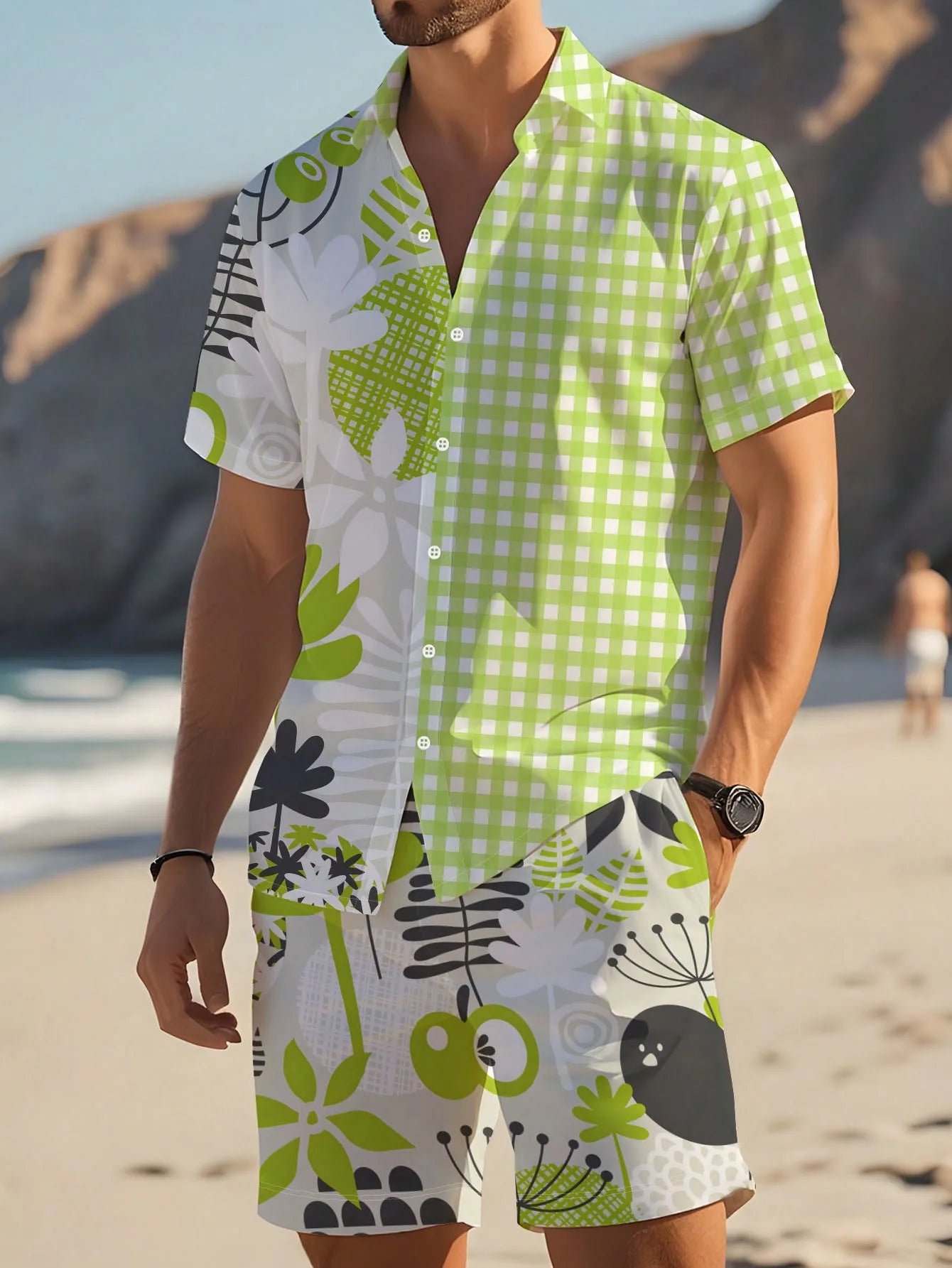 Conjunto de verano a rayas con estampado 3D para hombre,