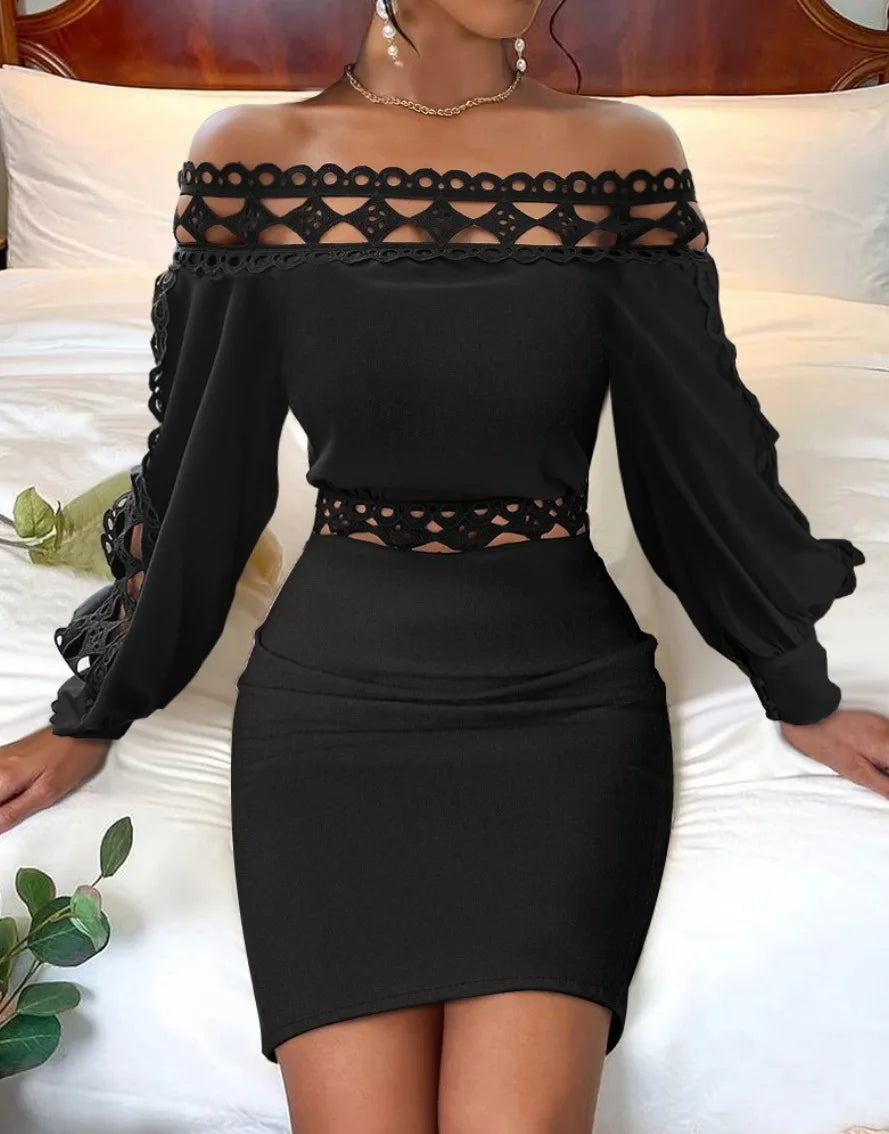 Vestido de fiesta negro de manga larga con cuello halter y abertura en la cadera
