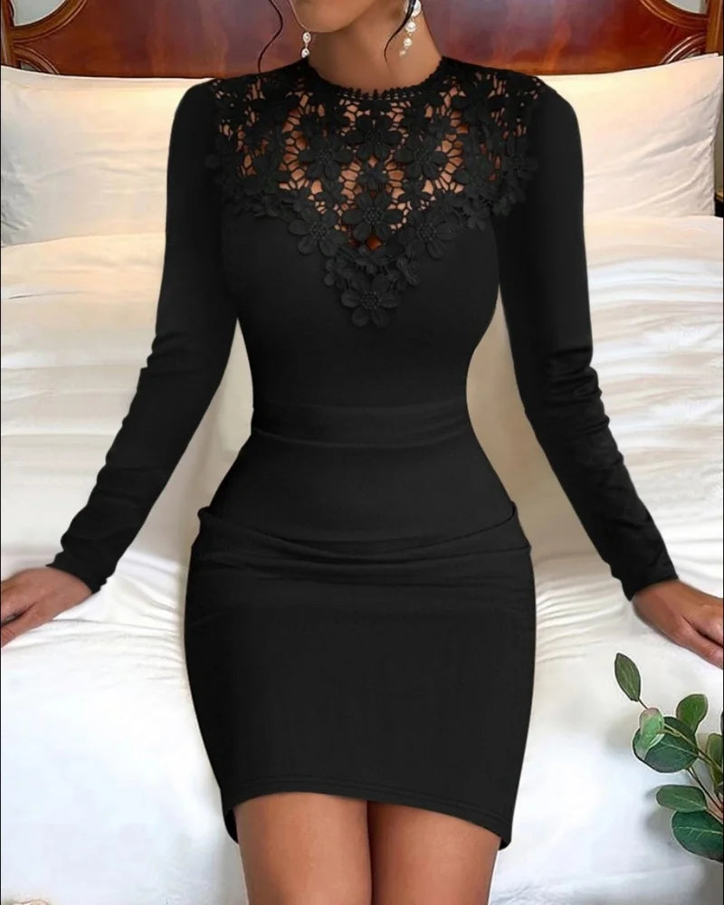Vestido minivestido elegante de manga larga con bordado de encaje