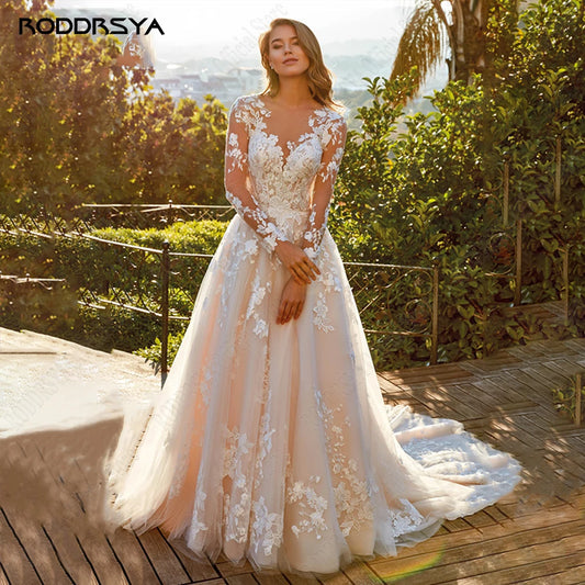 Vestido de novia personalizado elegante de encaje línea A mangas largas