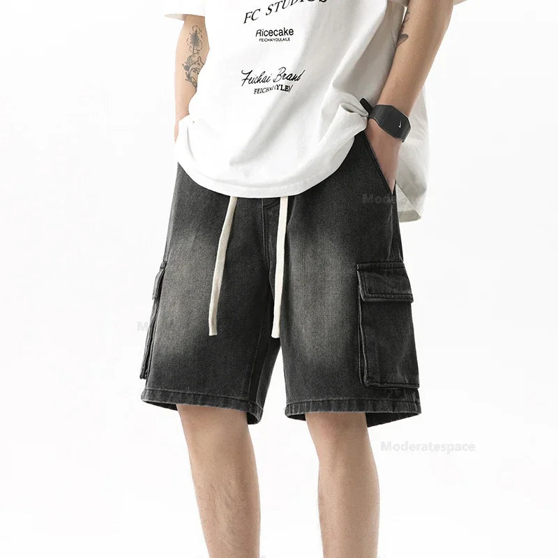 Pantalones vaqueros cortos cargo de verano para hombre, con bolsillos