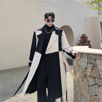 Gabardina larga de color contrastante para hombre, moda coreana