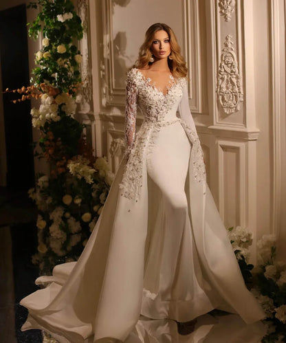 Vestidos de novia de sirena con escote en V, personalizados, manga larga