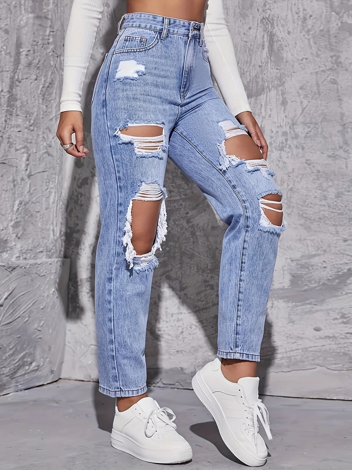 Pantalones vaqueros retro americanos con agujeros para mujer