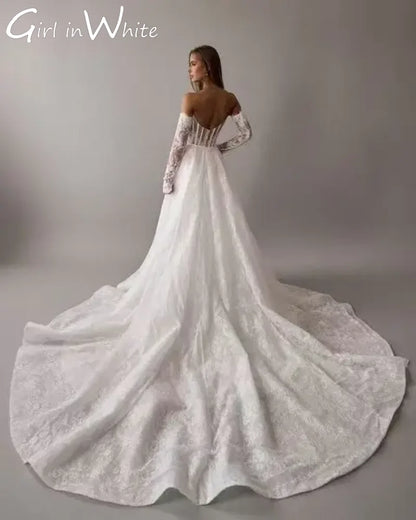 Vestidos de novia de lujo con cola larga desmontable y encaje