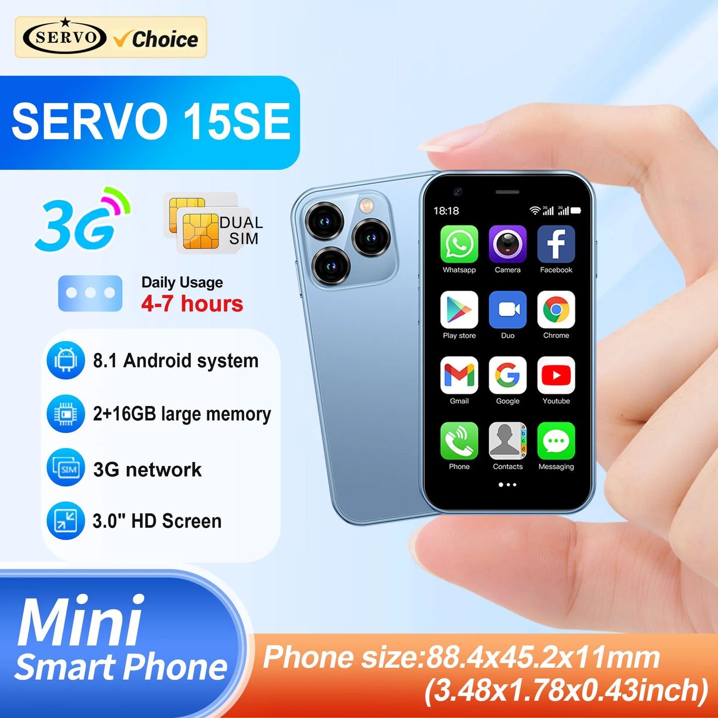 SERVO 15SE Mini Smartphone 3G WCDMA Sistema Android Punto de acceso WiFi