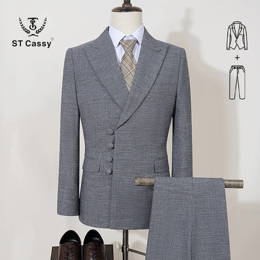 Cassy Elegante traje de hombre para boda melocotón Slim Fit Doble
