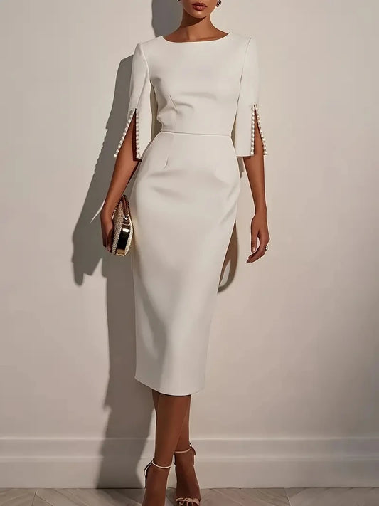 Vestido midi ajustado con cuentas, elegante, de color liso, con cuello